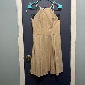 short golden dress, David’s bridal